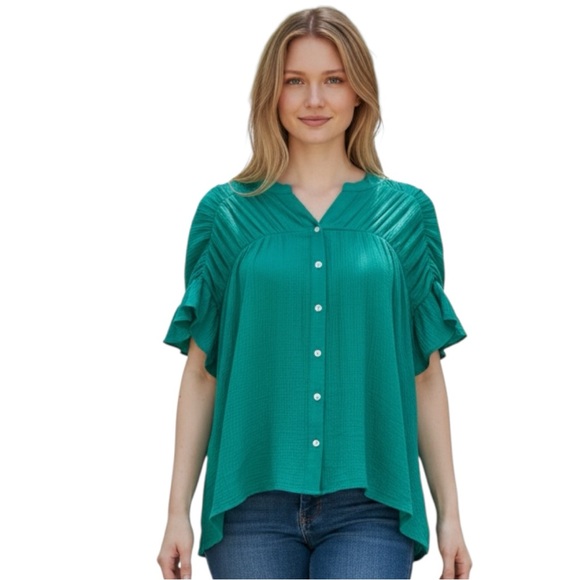 BiBi Tops - BiBi Kelly Green Button-Up Cotton Blouse NWT Size L
